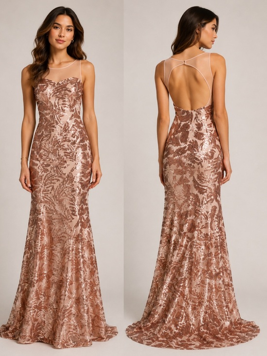 Adrianna Papell Dresses & Skirts - Adrianna-Papell sequins low back rose gold sleeveless long gown